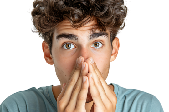 Close up portrait of young man holding his nose as if smelling something on isolated transparent background
