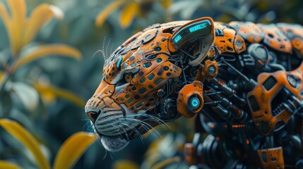 A robotic jaguar made of metal and wires stands in the middle of the jungle