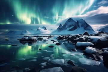 Majestic Northern Lights Display Over Snowy Mountain Landscape.