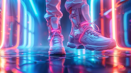 Create a visually stunning and highly detailed 3D rendering of a pair of futuristic sneakers