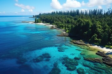 Marshall islands landscape. Stunning Aerial View of Tropical Island Shoreline with Clear Turquoise Waters.
