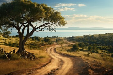 Mozambique landscape. Serene Countryside Road by a Lake with Golden Sunset and Lush Trees.