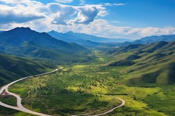 Mexico landscape. Scenic Green Valley with Winding Road and Mountain Range View. - Powered by Adobe
