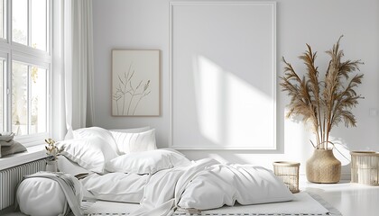 Highlight simplicity, white frame mockup in a light, clean bedroom interior, minimalist vibes