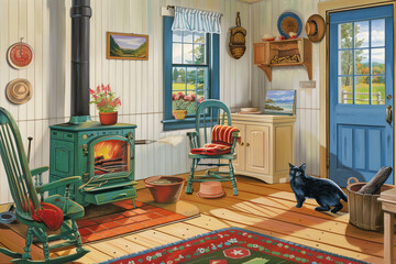 painting of a living room with a wood stove and a cat