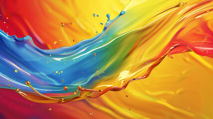 The image is a colorful abstract painting. It has a bright yellow background with blue and red waves flowing through it. The painting has a very dynamic and energetic feel to it.