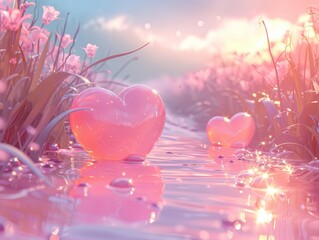 Two pink hearts float on a babbling brook on a beautiful spring day