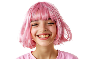 Fototapeta premium Close-up portrait of young girl wearing pink wig and shirt on isolated transparent background