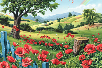 painting of a field of red poppies with a rainbow in the background
