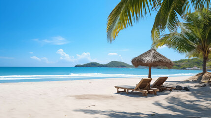 Obraz premium there are two lounge chairs on the beach under a thatched umbrella