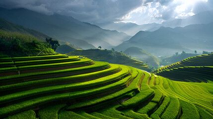  fresh green and yellow rice fields. 