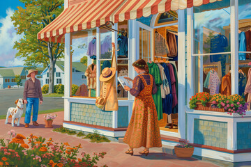 painting of a woman and a man standing outside a store