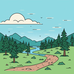 a cartoon of a winding path through a forest with a river running through it