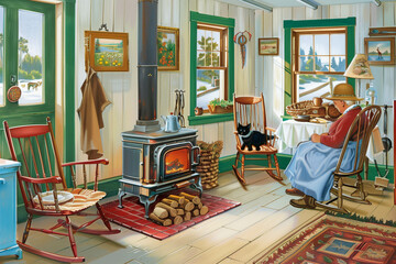 painting of a woman sitting in a rocking chair in a room with a wood stove