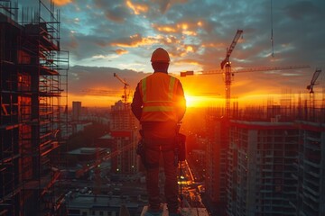 Worker in reflective gear stands atop a high building, gazing at the sunset over a city undergoing construction