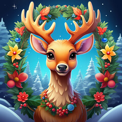 rudolph the reindeer is standing in front of a christmas wreath