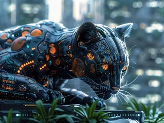 A sleek black panther, made of metal and wires, crouches on a rooftop, its eyes glowing orange. The city is a blur of lights in the background.