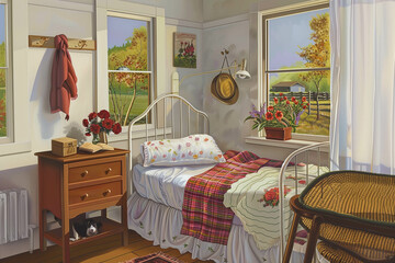 painting of a bedroom with a bed