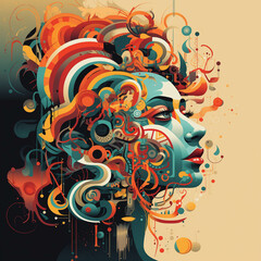 there is a woman with a colorful hair and a lot of circles