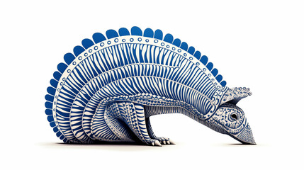 there is a blue and white sculpture of a peacock on a white surface