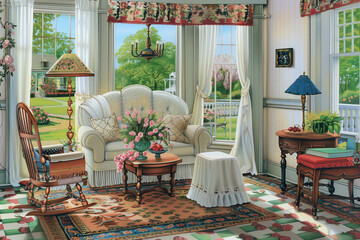 there is a painting of a living room with a rocking chair and a table