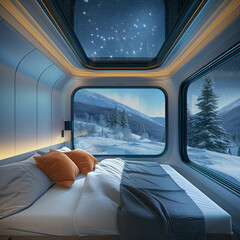 there is a bed with pillows and pillows in a room with a view of the mountains