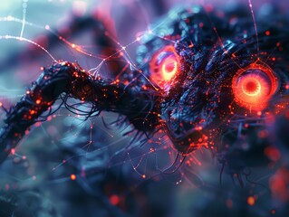 A digital composite of a spider made of metal and wires with glowing red eyes.