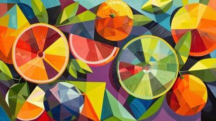 Cubist Citrus, A portrait of citrus fruits like oranges and lemons reimagined in vibrant geometric shapes, emphasizing their bright colors and juicy textures through abstract forms