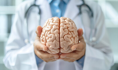 Doctor holding brain in his hands.
