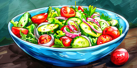 Mixed Salad with Vegetables and Avocado, Fresh Lettuce, tomato, radish on brown background.