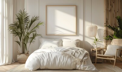 minimalist charm, white frame mockup in a cozy, serene bedroom setting