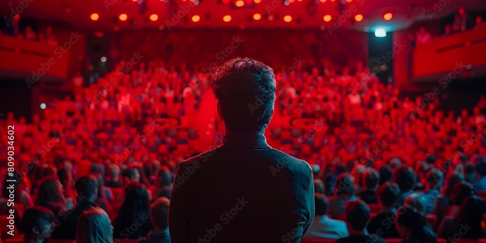 Poster electric atmosphere of a dynamic event where a silhouetted speaker stands on an illuminated stage