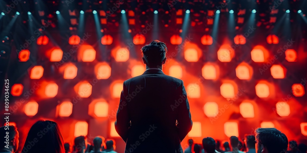Poster the dynamic atmosphere of event where a speaker commands the stage amidst a captivated audience