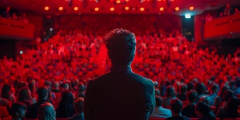 electric atmosphere of a dynamic event where a silhouetted speaker stands on an illuminated stage