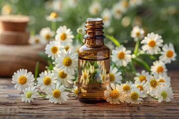 Obraz premium An amber bottle of essential oil lies among fresh chamomile flowers on a rustic wooden table, portraying natural wellness