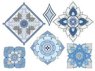 illustration Royal indigo blue Porcelain Thai flower traditional ornamental tribal style