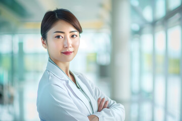 Doctor Portrait: photography of a doctor / surgeon / pharmacist standing in hospital, with blurred background. 
