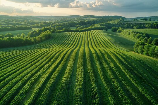The image features defined shadows cast by the soft sunlight on the neatly arranged crop rows in a field