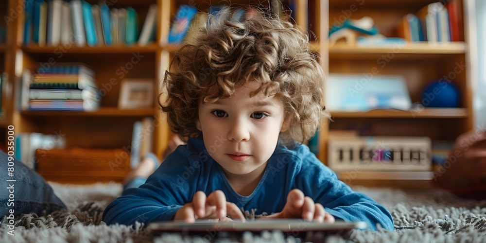 Poster curious young boy exploring and learning on digital tablet in cozy home library environment developi