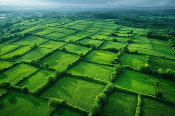 Fototapeta premium Image highlighting the geometric beauty of farming fields in a lush green landscape