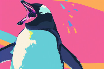 illustration of a penguin with an open beak in a bright pink and turquoise background