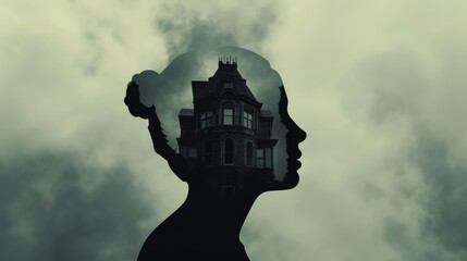 Silhouette of a woman with a Victorian house forming her brain against a cloudy sky