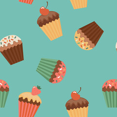 Seamless pattern with cupcakes on the blue background. 