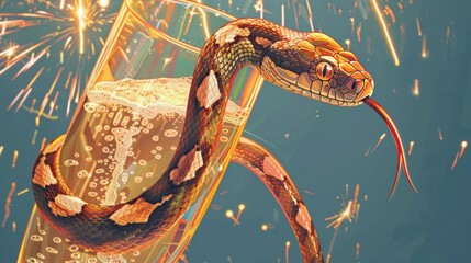 A digital artwork of a snake intertwining with flowing golden liquid amidst sparkling light
