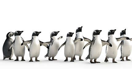 Obraz premium Charming Line of Penguins Performing a Synchronized Kick Dance on a White Background