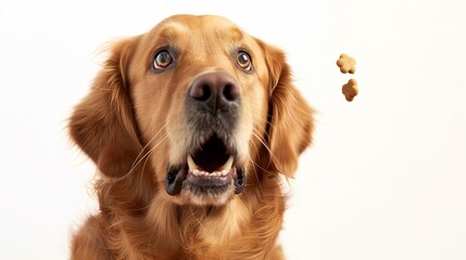 Amused Golden Retriever Eyes a Treat in Mid-Air, Expressing Surprise and Delight on a Clean Background