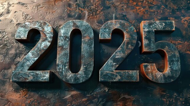 The image shows the number 2025 with a metallic texture on an abstract background