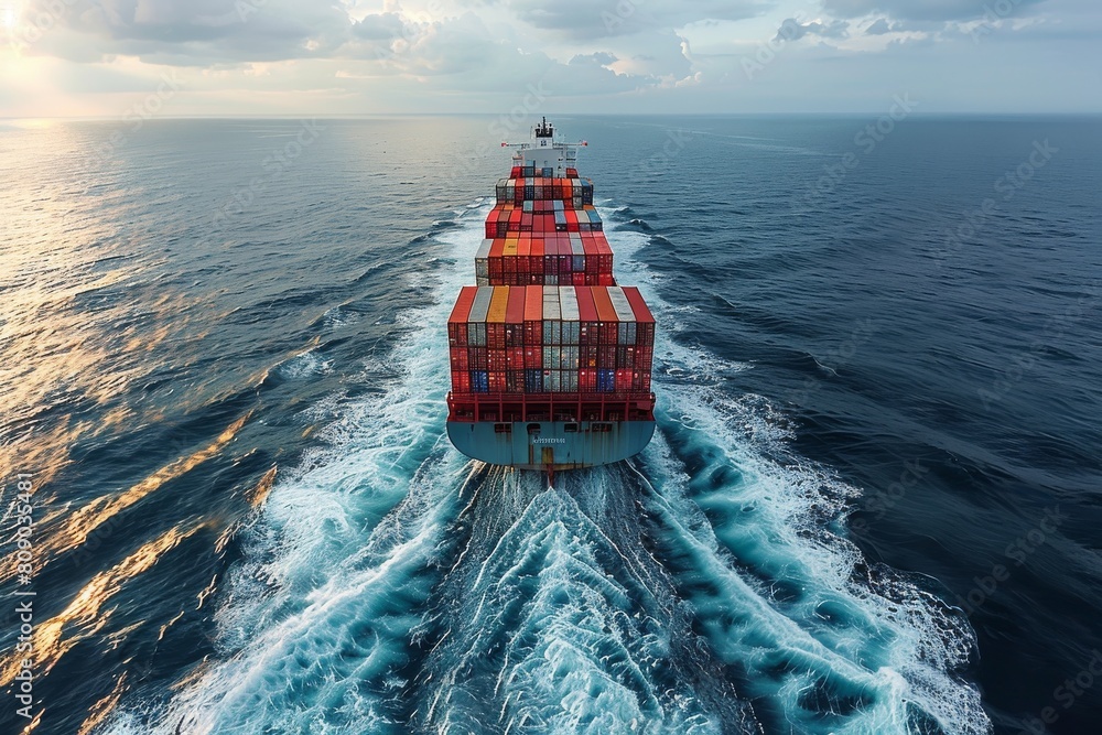 Aufkleber an aerial view captures a large cargo ship with colorful containers navigating through calm ocean wa
