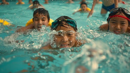 A group of children happily playing and swimming in a pool on a sunny day.