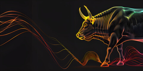 Bull on the background of the growth chart graph growth Banner Abstract neon light outline of a bull in motion on black background.
